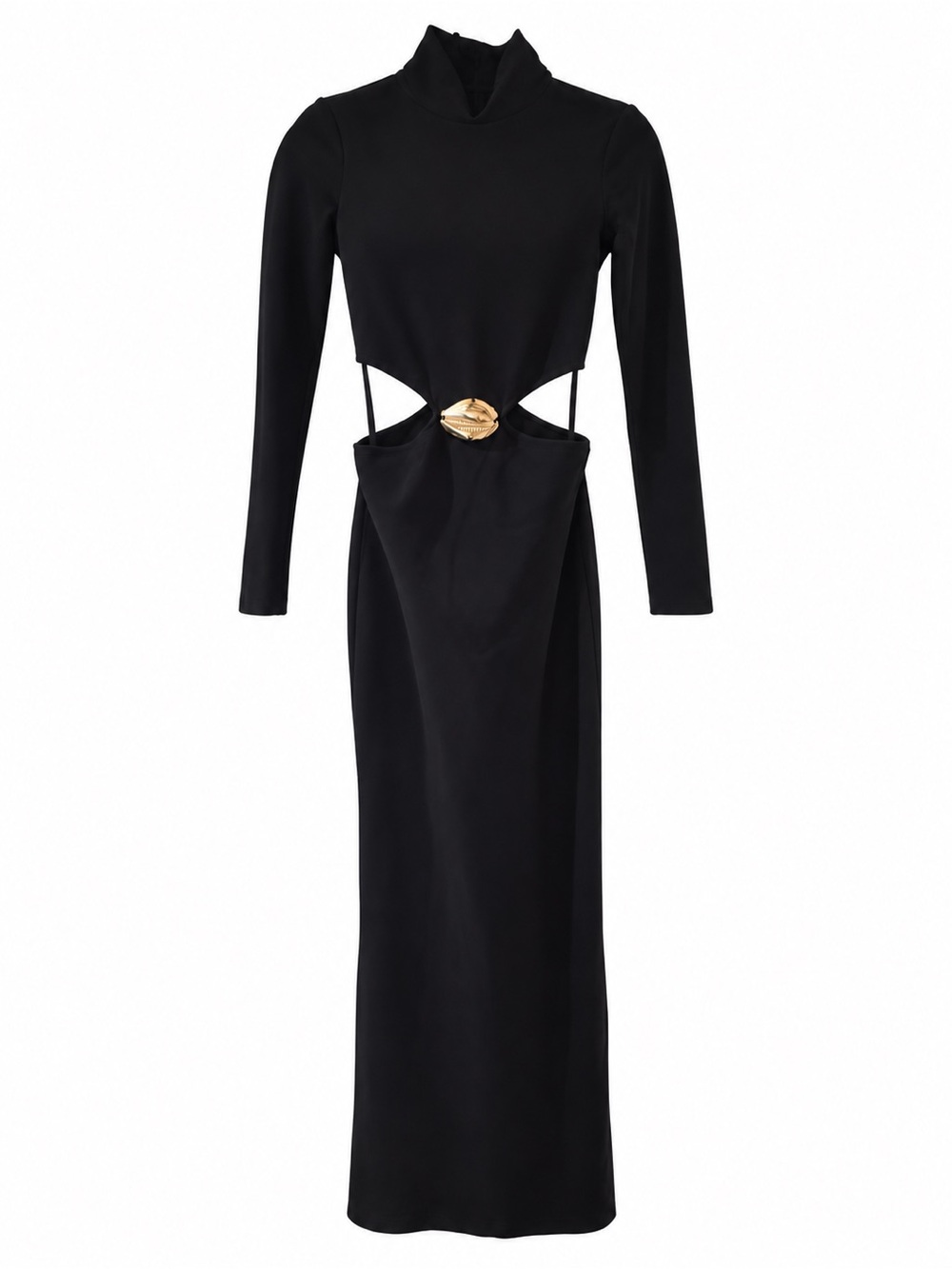 STAUD Black Long Sleeve Maxi Dress with Gold Cutout Detail